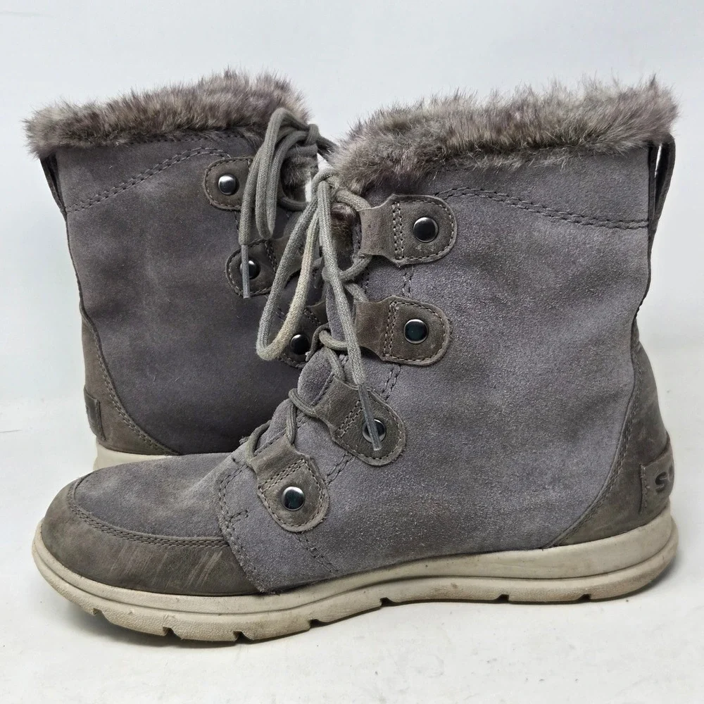 Sorel Explorer Joan Waterproof Winter Boots‎ Grey Suede Faux Fur NL3039-052 Sz 9